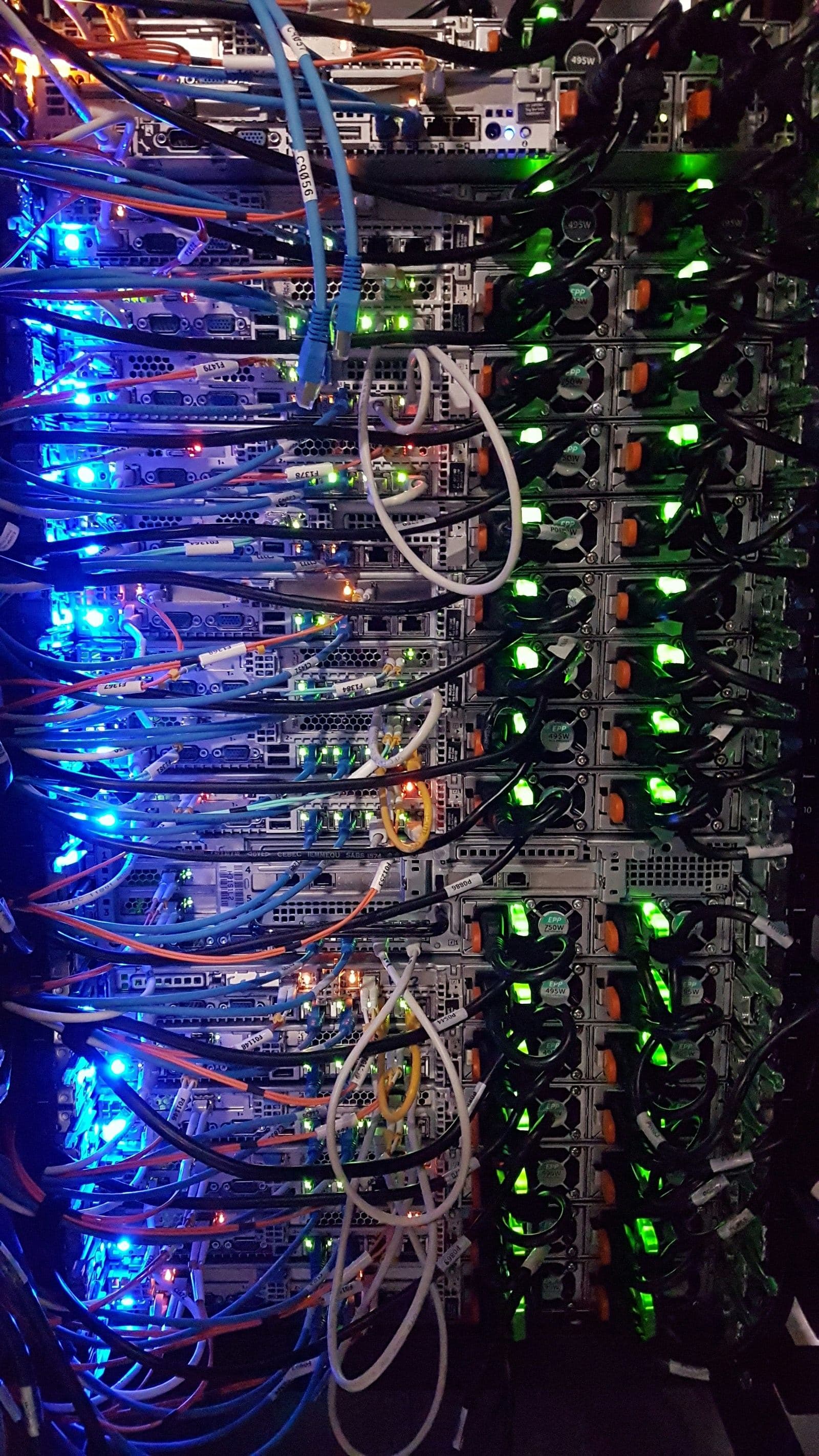 Server rack lit in blue and green