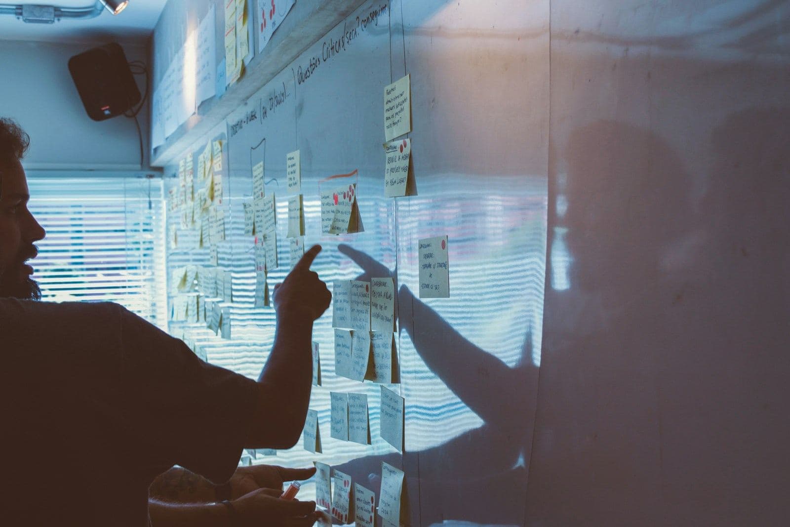 Team mapping a plan on a wall of notes